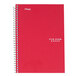 A red Mead spiral notebook with white writing on the cover.