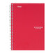 A red Mead college-ruled notebook with spiral binding and white writing on the cover.