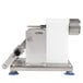 A Tellier MLT manual tourne vegetable cutter on a stainless steel surface with a white piece of paper