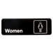 A black rectangular sign with white text that says "Women" and features a white woman symbol.