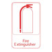 A white rectangular sign with white and red text reading "Fire Extinguisher" above a red fire extinguisher icon.