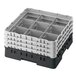 A black Cambro glass rack with six compartments.