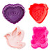 A set of 4 pink and purple plastic cookie cutters in heart, bird, and bear shapes.