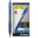 A close-up of a Pilot G2 premium blue ink gel pen with a translucent smoke barrel.