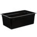 A black rectangular Cambro plastic food pan with a lid.