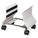 A white and black metal CPU stand with wheels.