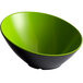 A green and black slanted melamine bowl.
