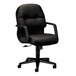 A black HON Pillow Soft leather managerial office chair with wheels.