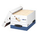 A white Fellowes Banker's Box file storage box with blue and white labels.