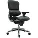 A black leather Eurotech office chair with arms and a chrome base.