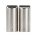A pair of stainless steel Tablecraft salt and pepper shakers.