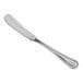 An Acopa Edgewood stainless steel butter spreader with a white handle on a white background.