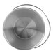A stainless steel round metal bowl with a handle.