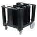 A black plastic Cambro dish caddy with wheels and handles.