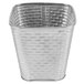 A silver stainless steel square fry cup with a white background.