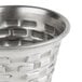 A close up of a Tablecraft stainless steel sauce cup with a patterned design.