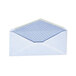 A white Universal business envelope with a blue and white patterned paper inside.