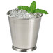 A Clipper Mill stainless steel mini serving pail filled with ice and mint leaves on a table.