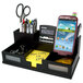 A black Victor wood desktop organizer with 6 sections holding a cell phone and office supplies.