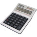 A white calculator with black buttons.