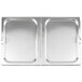 A Vollrath hinged metal tray cover over a metal tray.