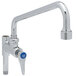 A silver T&S add-on faucet with a swing nozzle and blue handle.