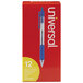 A yellow and red box with white text containing 12 Universal blue ballpoint pens.
