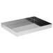 A silver stainless steel rectangular cake pan with square edges.