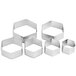 A white box with a set of six silver metal hexagon cookie cutters.