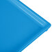 A close up of a Tablecraft sky blue cast aluminum rectangular cooling platter.