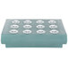 A rectangular slate blue plastic rack with white cutlery holes.