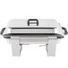 A silver rectangular Vollrath Dakota chafer with a lid and handle.