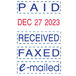 A close-up of a Trodat self-inking date stamp with blue and red text.