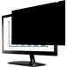A Fellowes PrivaScreen privacy filter on a monitor with a graph on the screen.