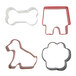 A group of metal cookie cutters including a dog bone, dog, and cat.