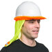 A man wearing a Cordova lime high visibility neck shade with reflective tape over his hard hat.