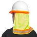 A man wearing a Cordova lime high visibility neck shade with reflective tape over a hard hat and a reflective vest.