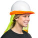 A woman wearing a Cordova lime high visibility neck shade with reflective tape under a hard hat.
