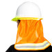 A person wearing a Cordova orange high visibility neck shade with reflective tape over a hard hat and reflective vest.