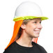A woman wearing a Cordova orange high visibility neck shade over a hard hat.