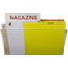 A clear Storex wall file holding yellow file folders.