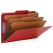 A close-up of a Smead red SafeSHIELD legal size classification folder with brown and tan tabs.