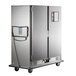 A Metro stainless steel heated banquet cabinet on wheels.