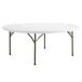 A Lancaster Table & Seating white round folding table with metal legs.