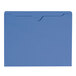 A blue rectangular file jacket with a curved edge and a reinforced tab.