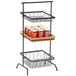 A GET gray powder coated iron square 3-tier riser with red containers and a tray of food on each shelf.