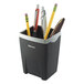 A black and grey plastic divided pencil cup holding pens and pencils.
