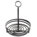 A black metal wrought iron condiment caddy with a spiral handle.