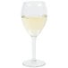 A close-up of a Libbey tall wine glass filled with white wine.