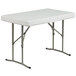 A white rectangular Flash Furniture plastic folding table with metal legs.